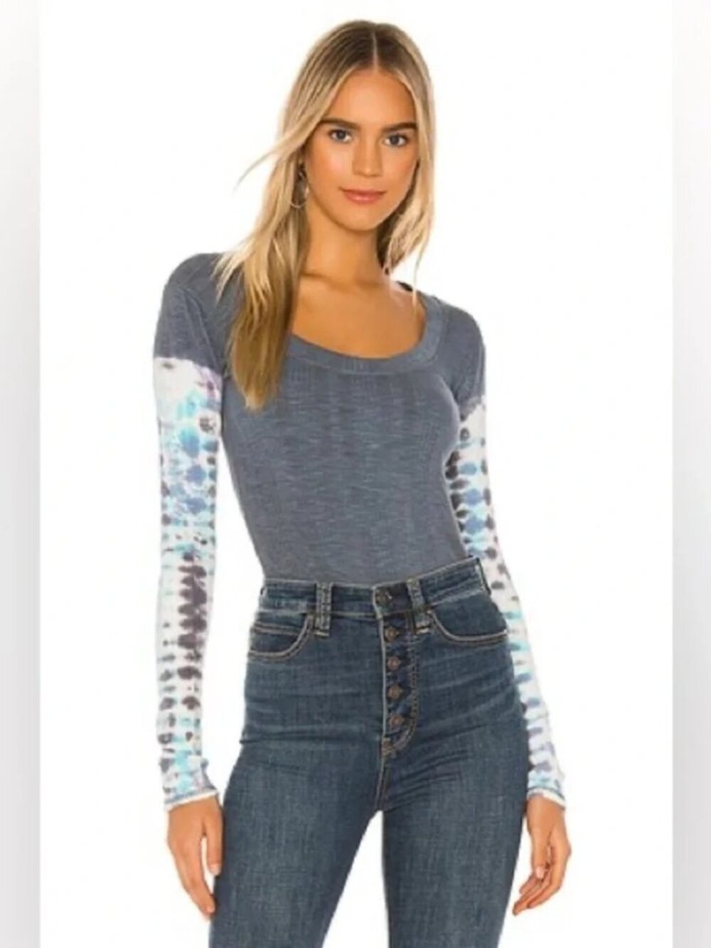 Free People Big Sur Ribbed Tie Dye Long Sleeve Top Boho Hippie Slate Gray L